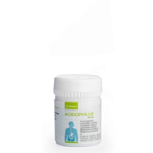 A jar of Acidophilus Plus, Food supplement tablets on a white background.