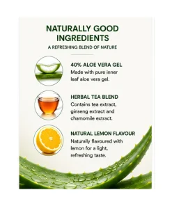 Aloe Vera Plus ingredients: 40% aloe vera gel made from inner leaf gel, a herbal tea blend of tea, ginseng and chamomile extract, and natural lemon flavour