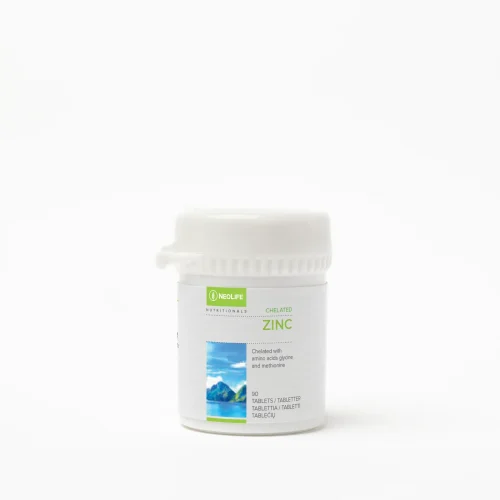 NeoLife Chelated Zinc bottle of 90 tablets providing 15 mg zinc per tablet, 150% NRV, chelated with glycine and methionine