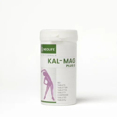 NeoLife Kal-Mag Plus D bottle of 180 tablets providing calcium, magnesium and vitamin D3 for the maintenance of normal bones