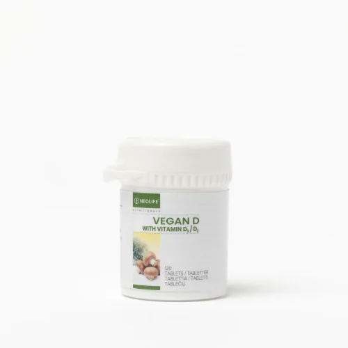 NeoLife Vegan D bottle of 120 tablets providing 10 micrograms of vitamin D per tablet, 200% NRV, from vegan D3 and D2
