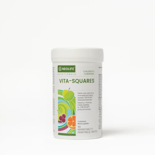 NeoLife Vita-Squares bottle of 180 children's chewable multivitamin tablets with 18 vitamins and minerals and Tre-en-en