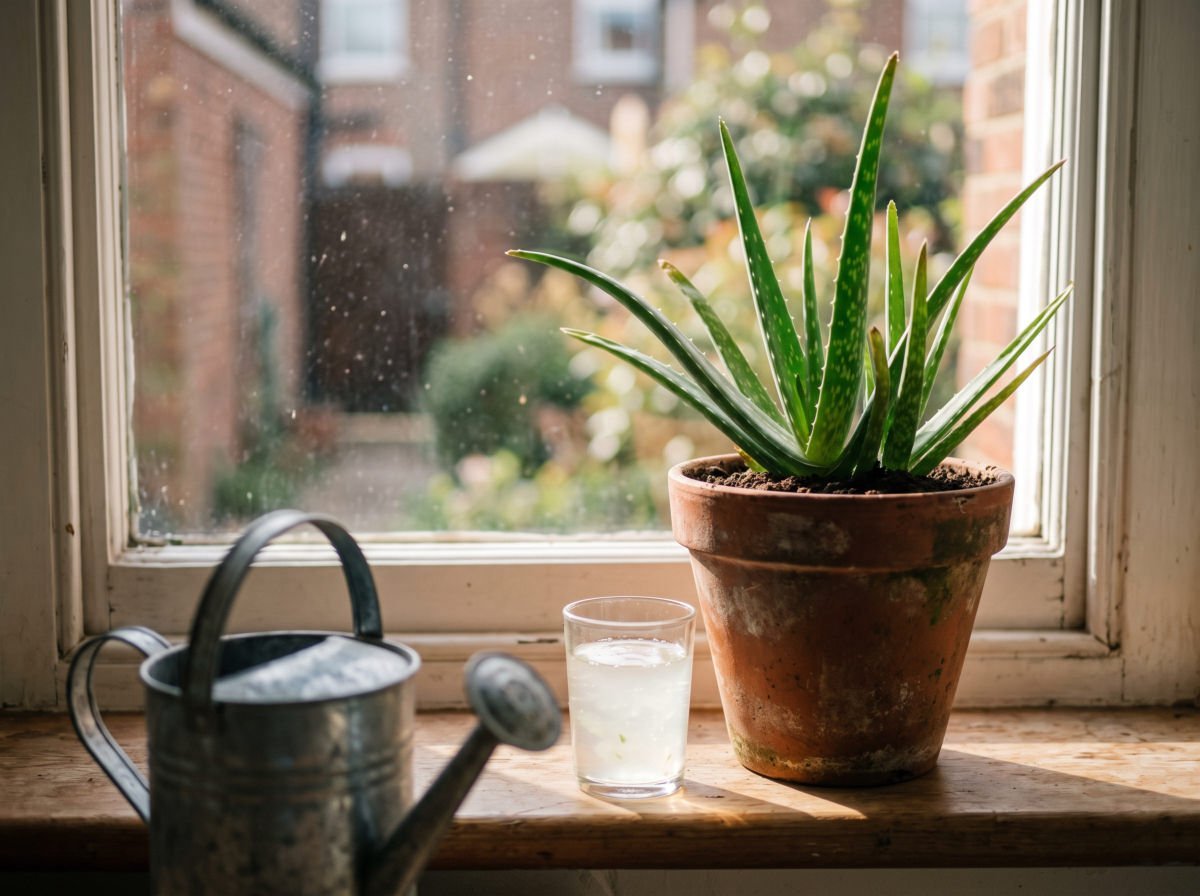 An aloe plant on a windowsill next to a glass of aloe drink