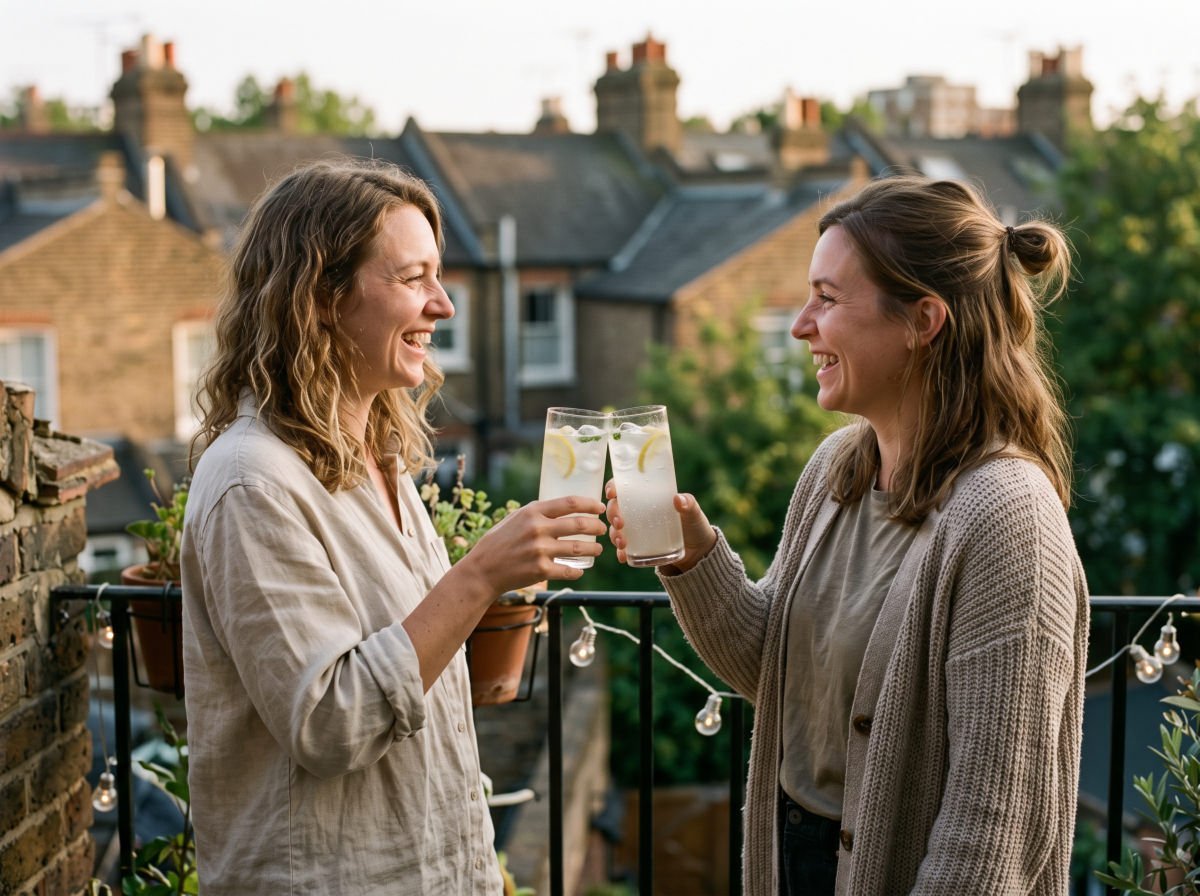 Two friends clinking alcohol-free aloe spritzes on a balcony