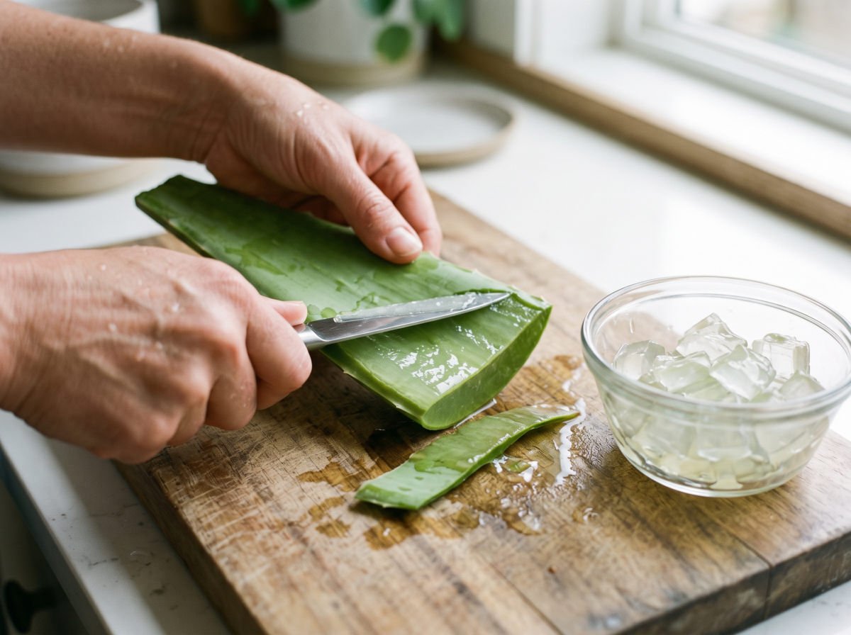 Hands separating clear aloe gel from the leaf skin