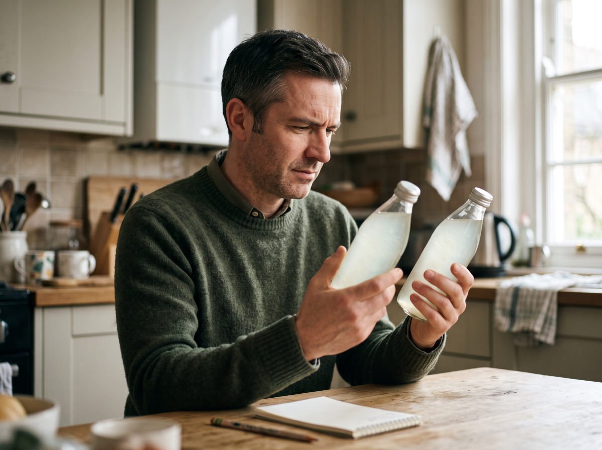 Man comparing two drink bottles side by side