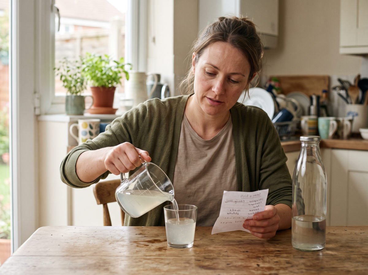 Woman measuring a glass of aloe drink at the kitchen table