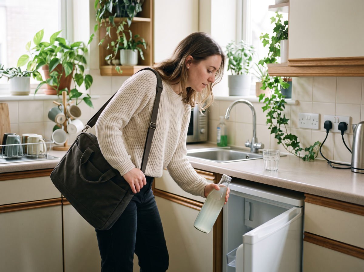 Woman taking a bottle of aloe drink from the office fridge