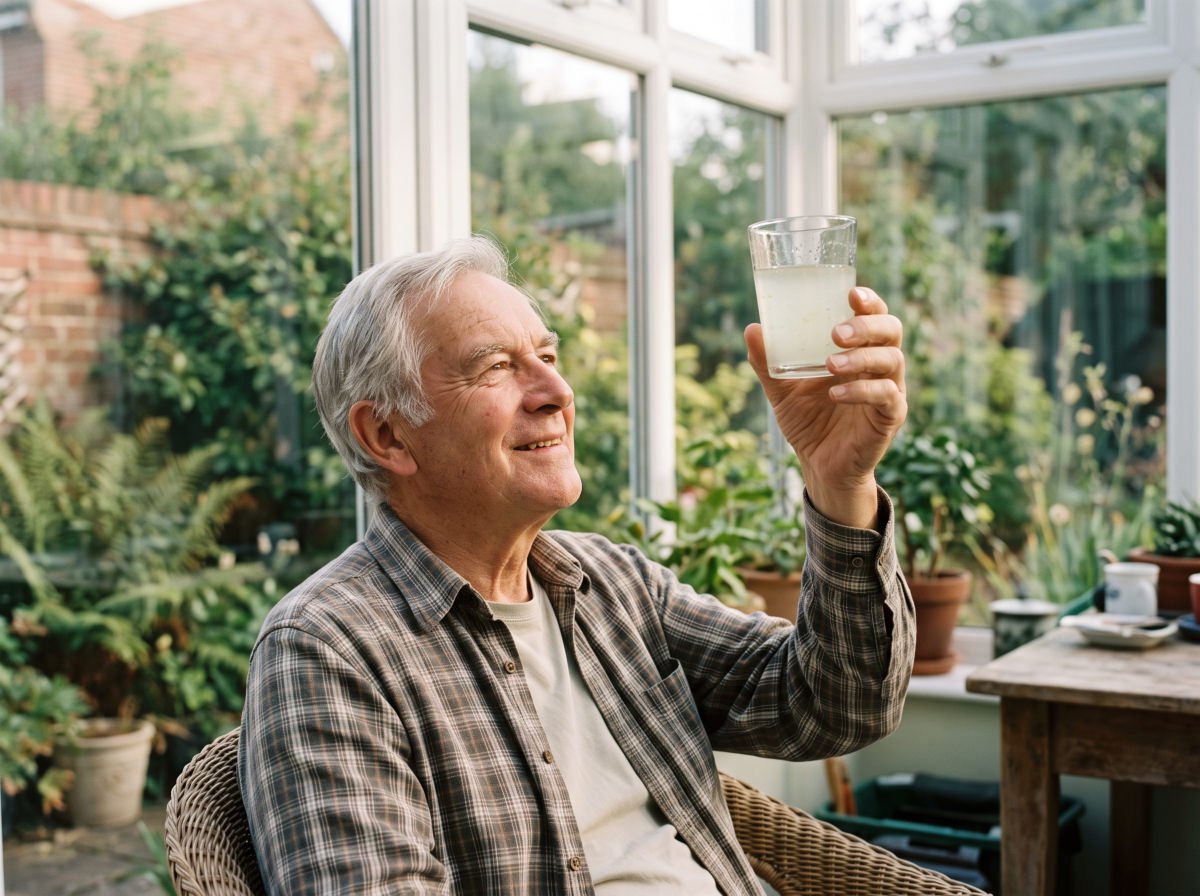 Older man holding up a glass of aloe drink in a conservatory