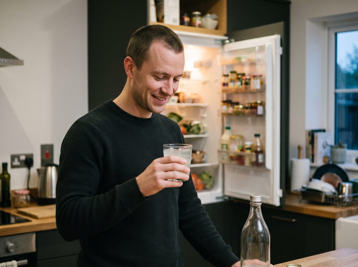 Man holding a small glass of aloe drink over ice by the fridge