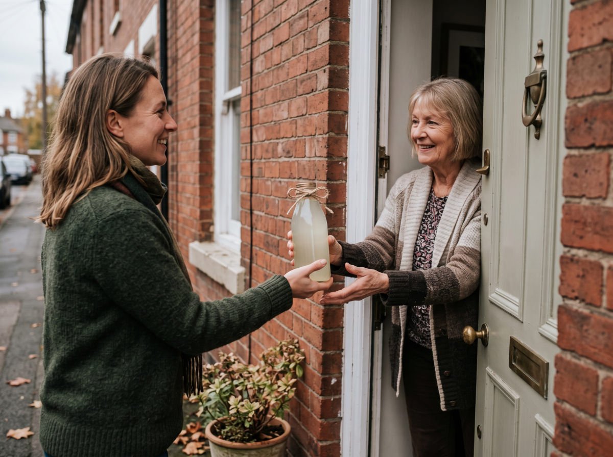 Woman giving a bottle of aloe drink as a gift