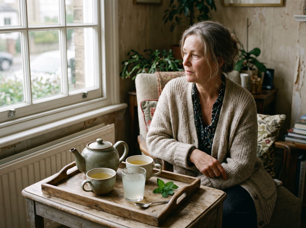 Woman with herbal tea and a small glass of aloe drink