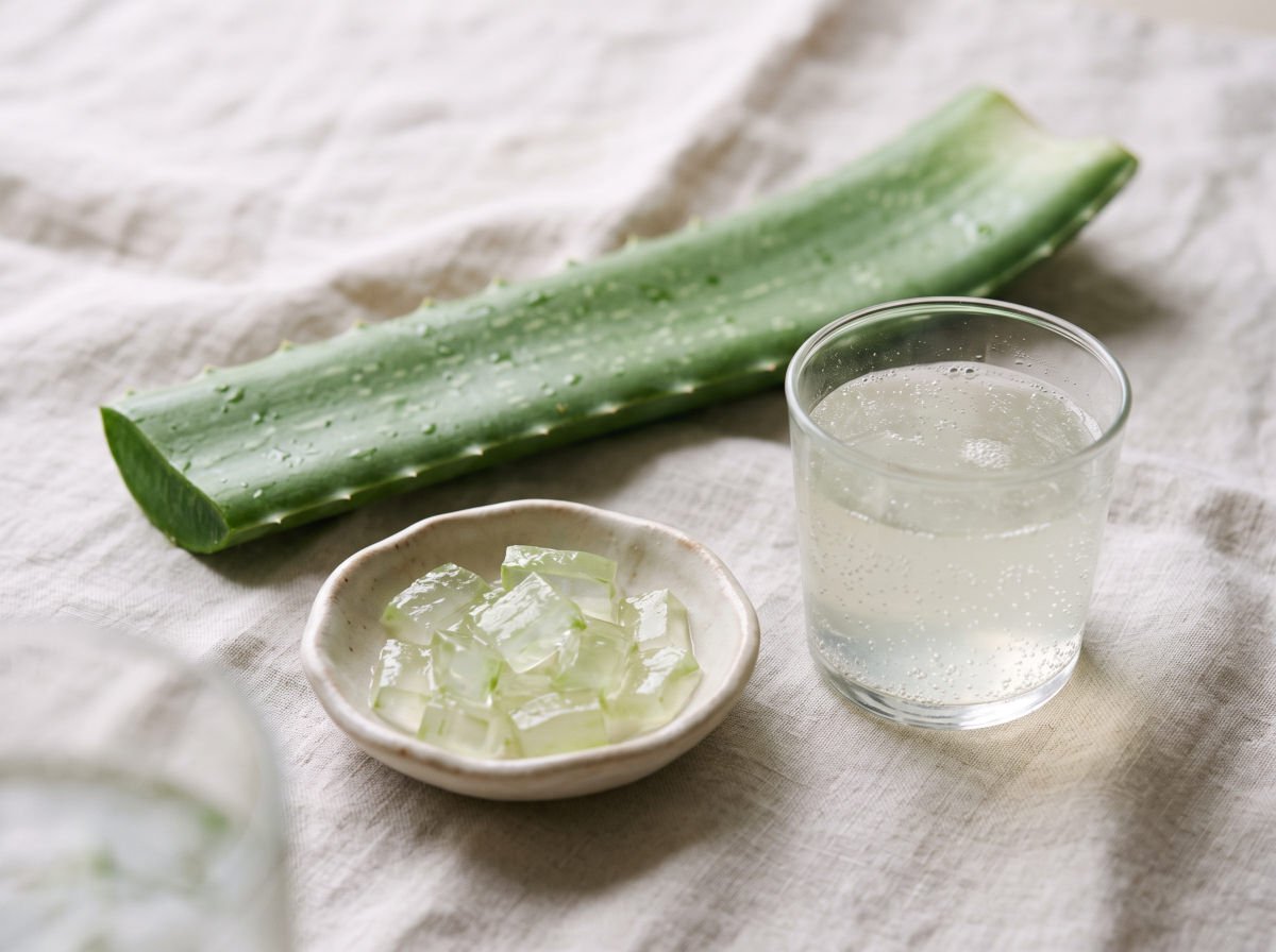 Aloe leaf, aloe gel and a glass of aloe drink side by side