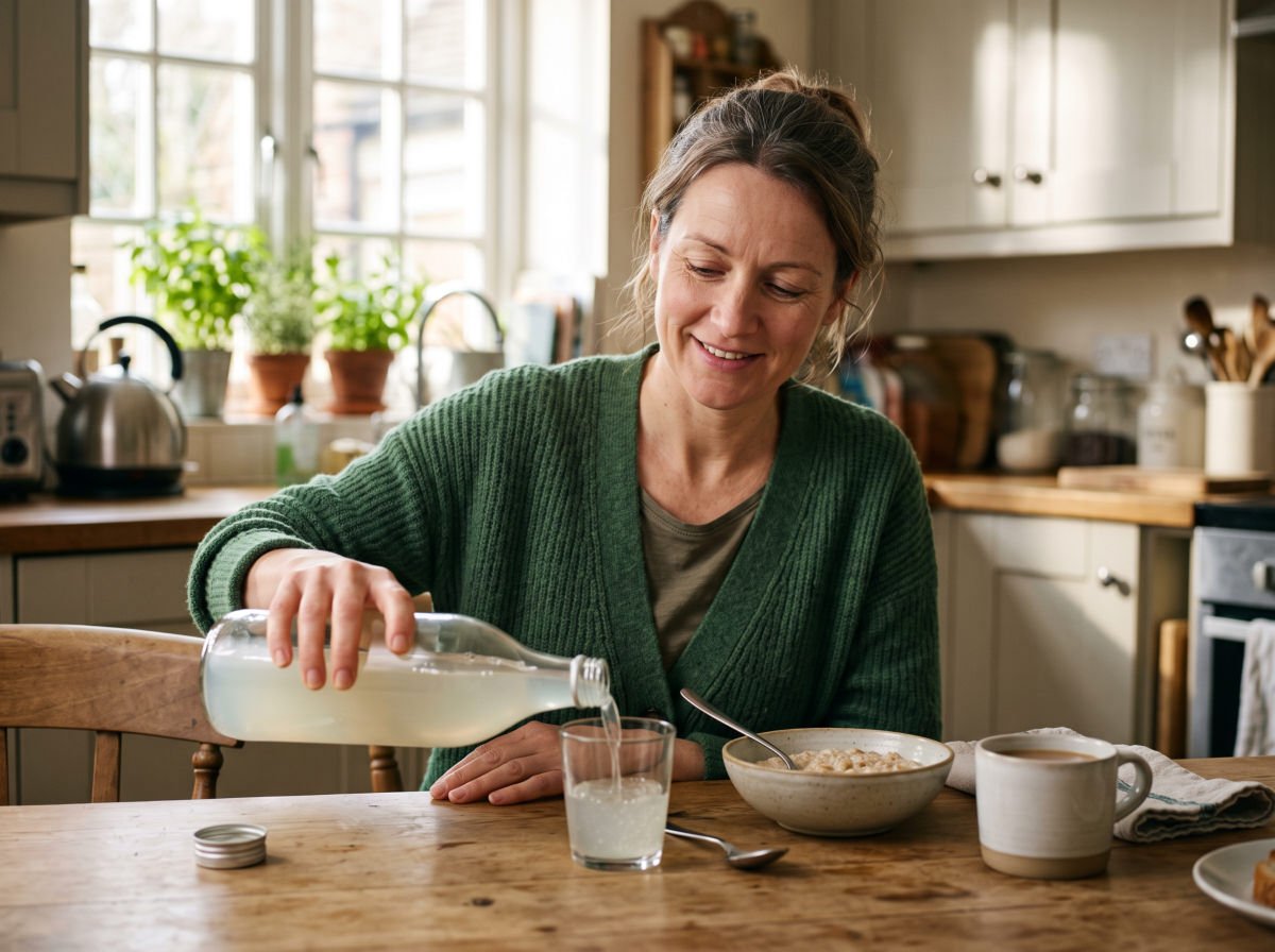 Woman pouring a small glass of aloe drink at breakfast