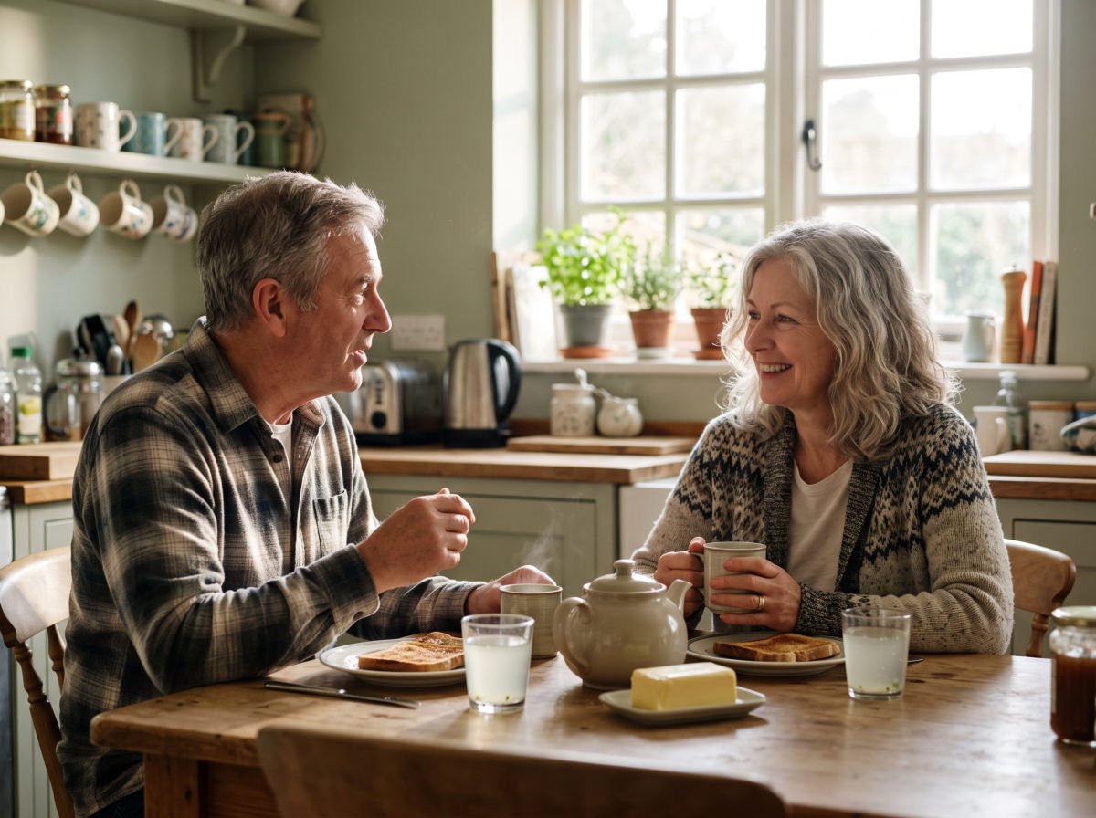 Couple with small glasses of aloe drink at breakfast