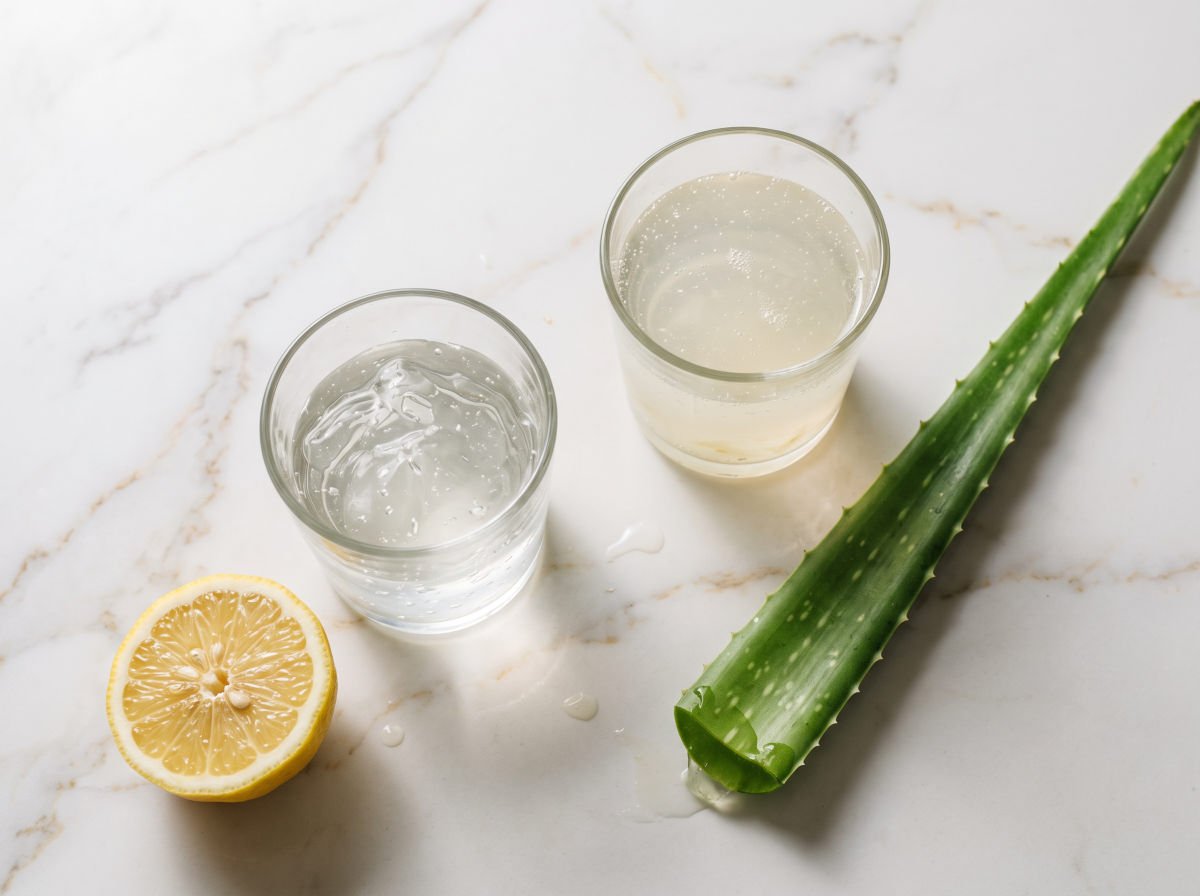 A glass of thick aloe gel next to a glass of aloe drink