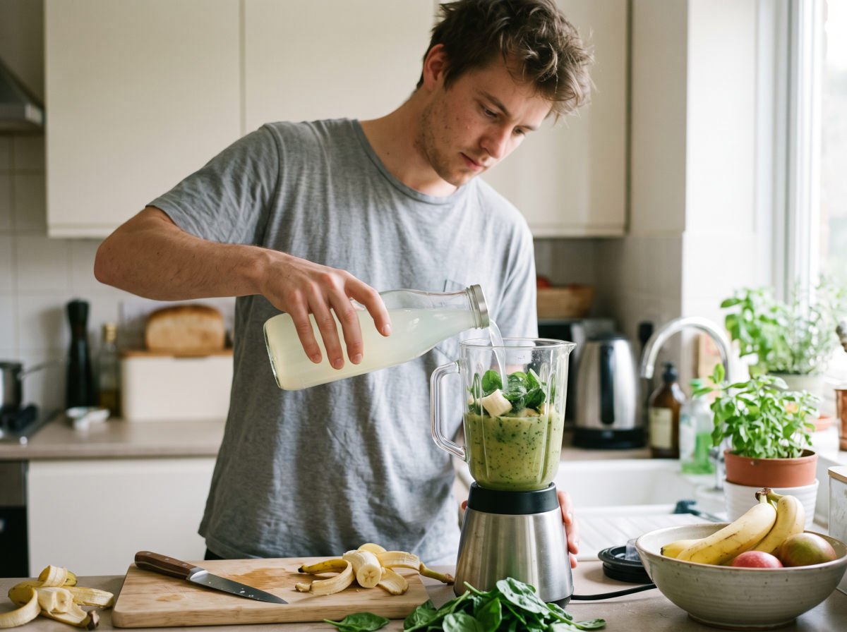 Man adding aloe drink to a green smoothie in a blender