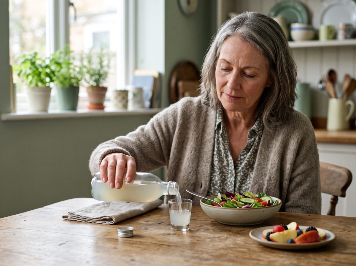 Woman pouring a small measure of aloe drink with lunch