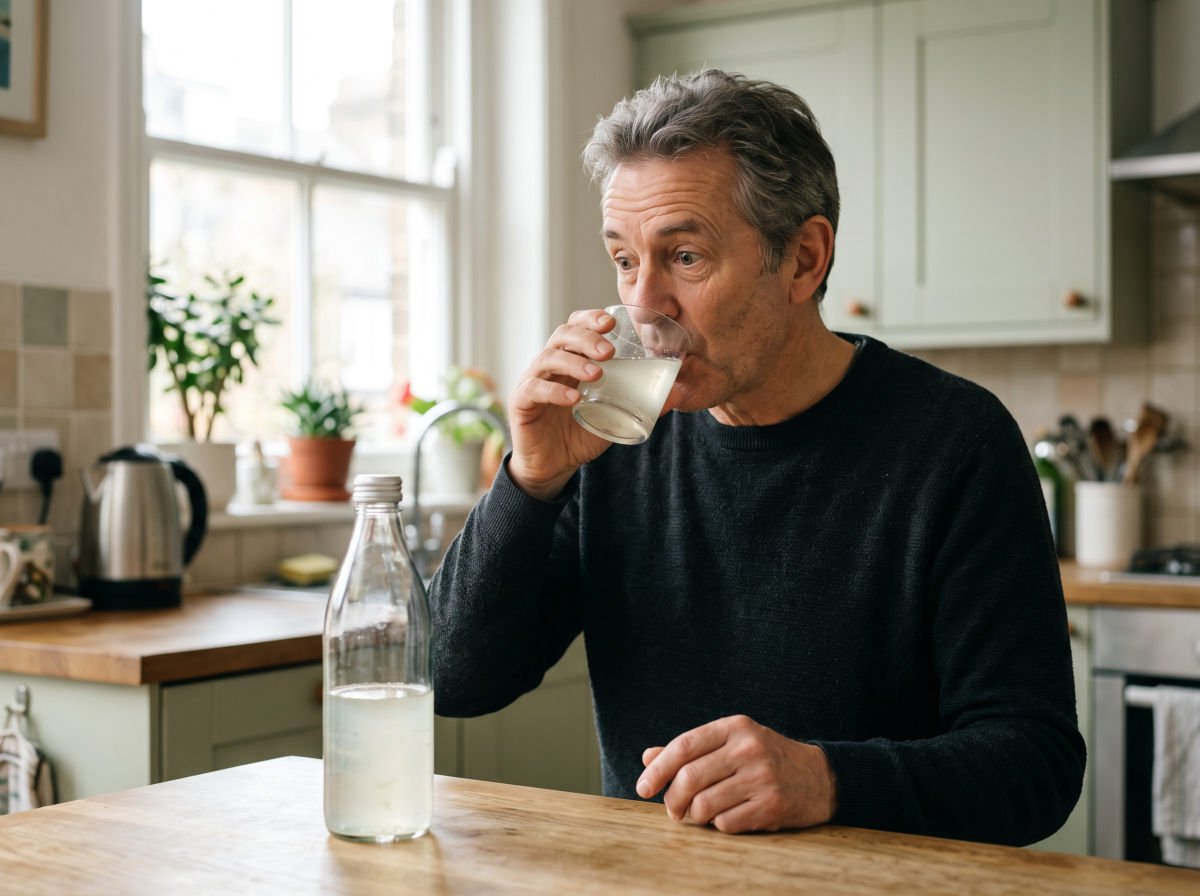 Man tasting his first glass of aloe drink