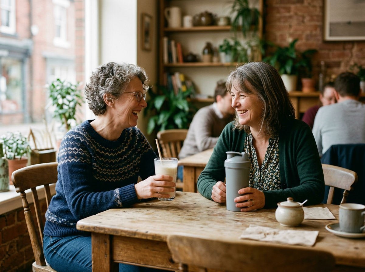Two friends laughing over glasses of shake at a kitchen table