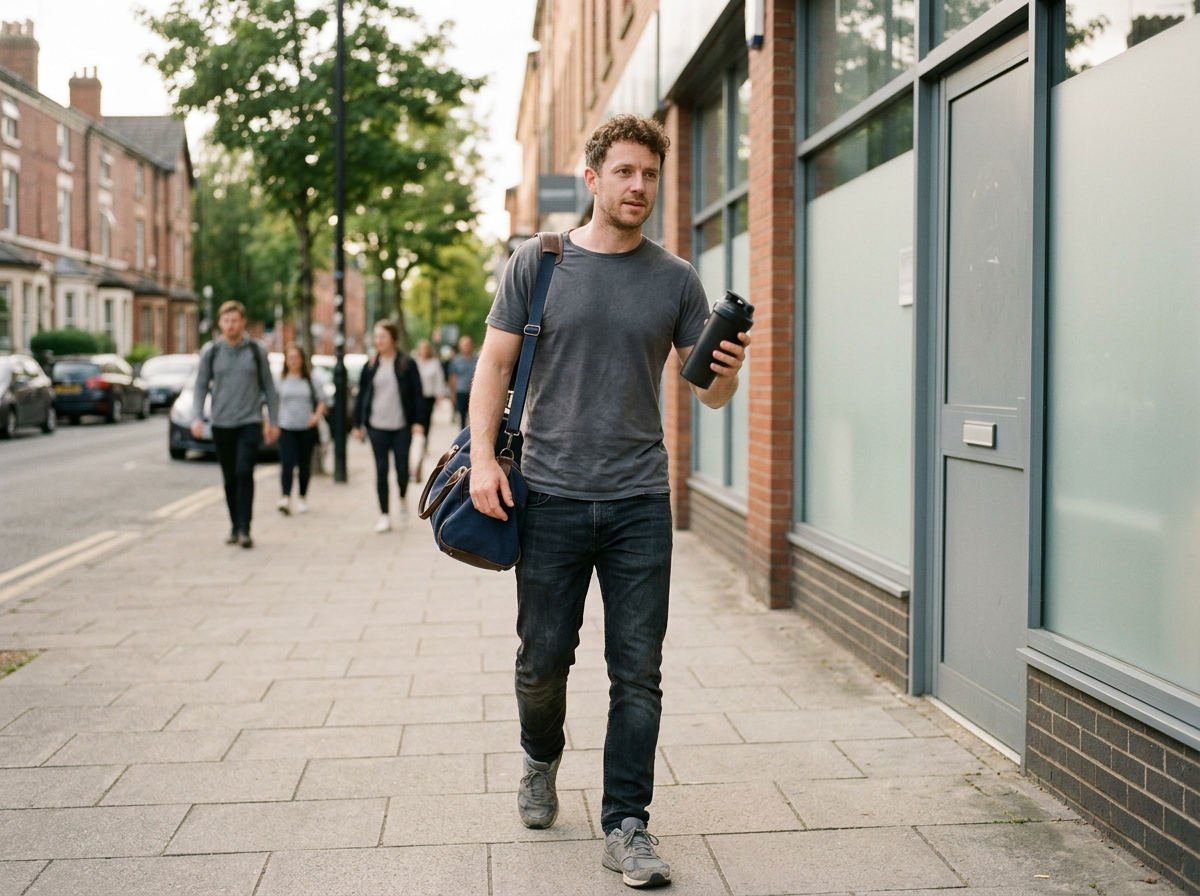 Man with a gym bag shaking a shaker bottle after a workout