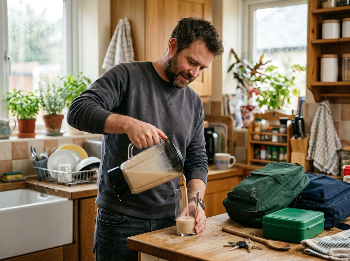 Dad pouring a shake from a blender in a busy family kitchen