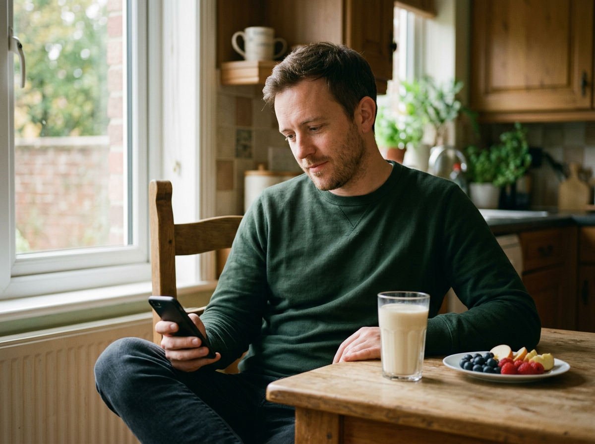 Man at a kitchen table with his phone, a vanilla shake and fruit