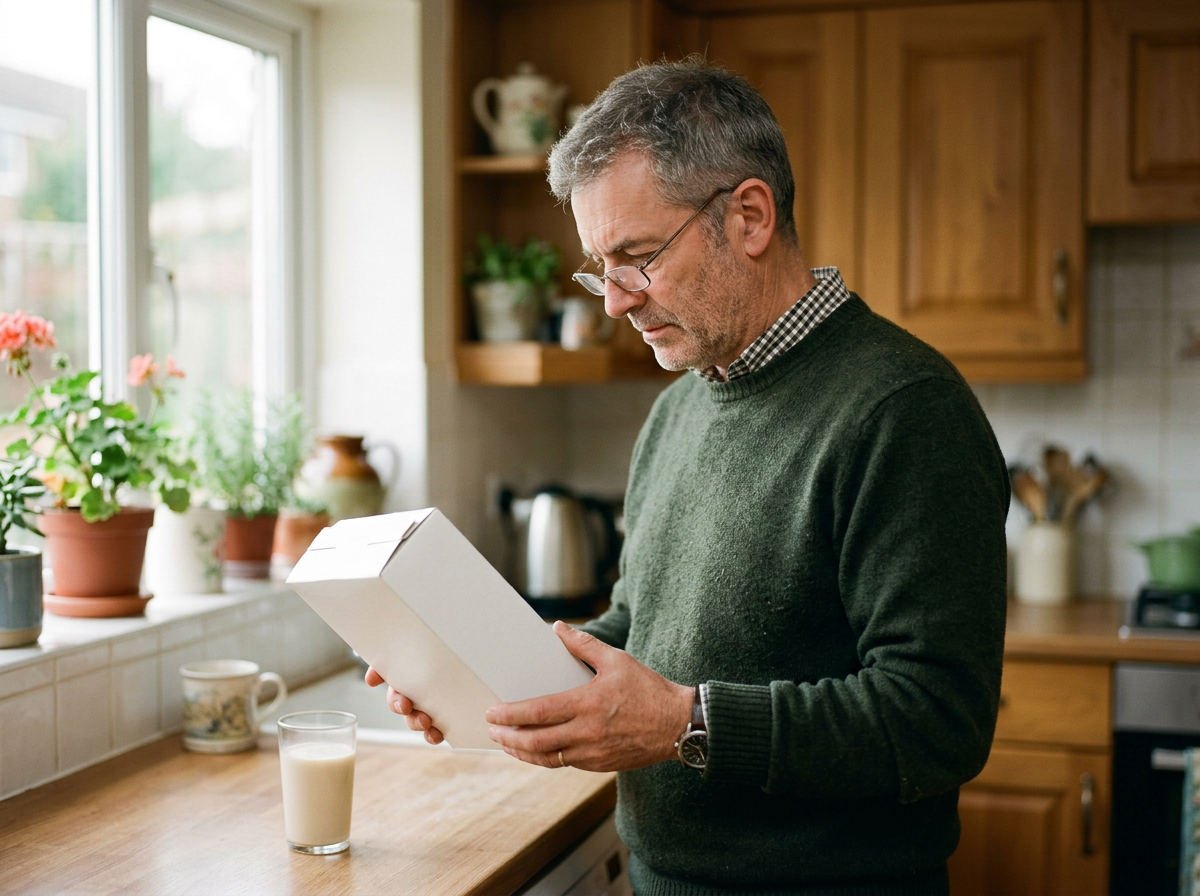 Man in reading glasses studying the back of a box in his kitchen