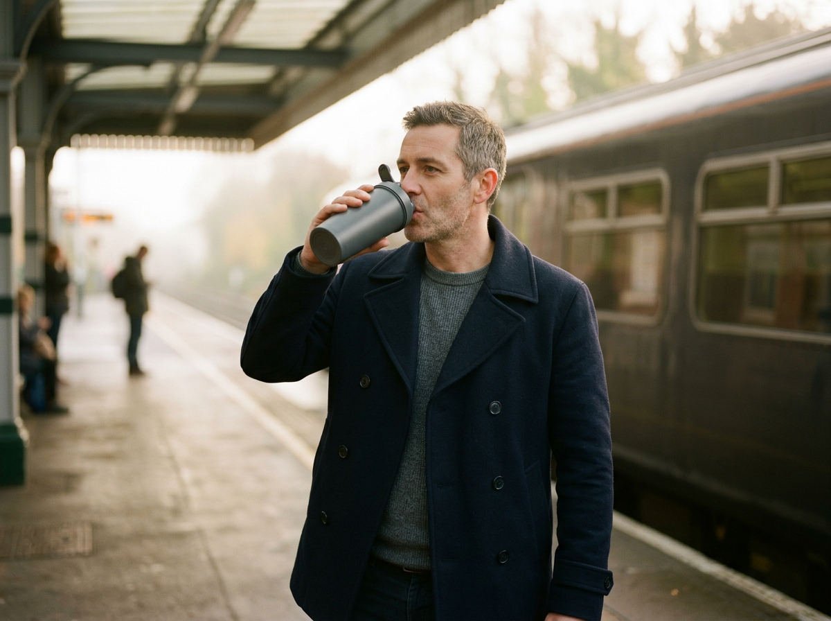 Man in a smart coat sipping a shake on a train platform in the morning