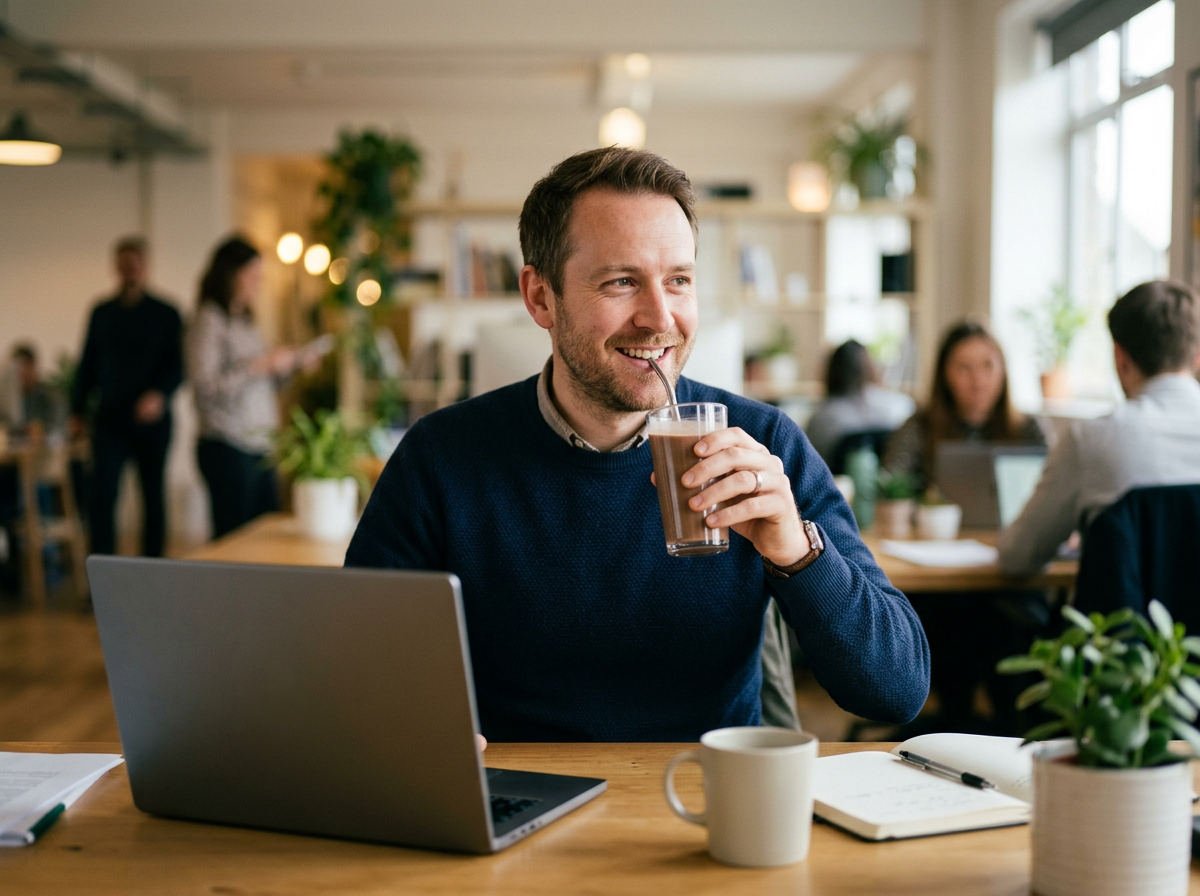 Man drinking a chocolate shake at his office desk at lunchtime