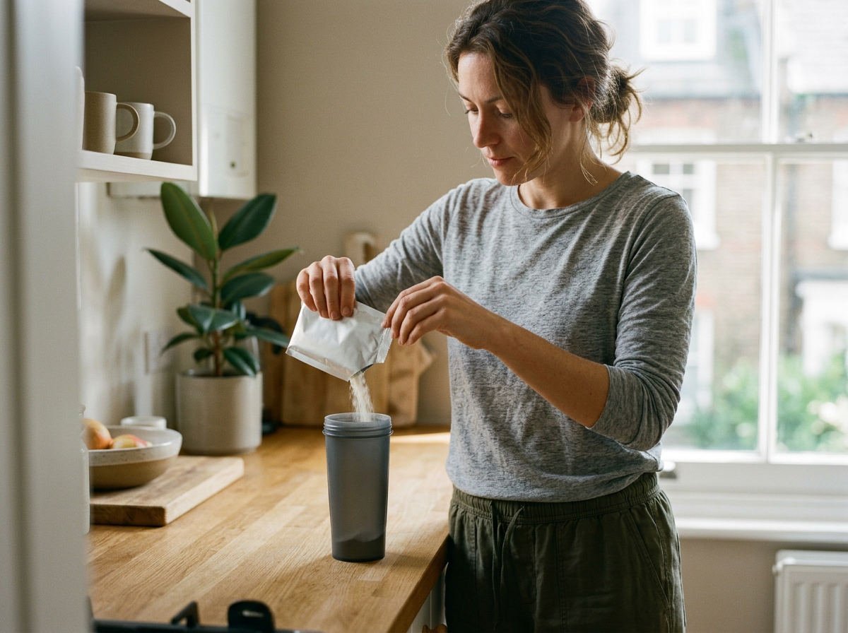 Woman tearing open a sachet over a shaker bottle in a bright flat