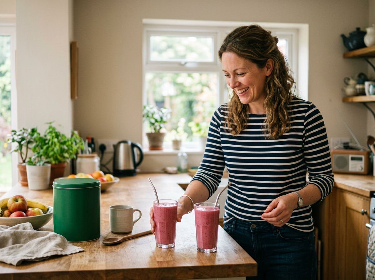 Woman choosing a berry shake over the biscuit tin