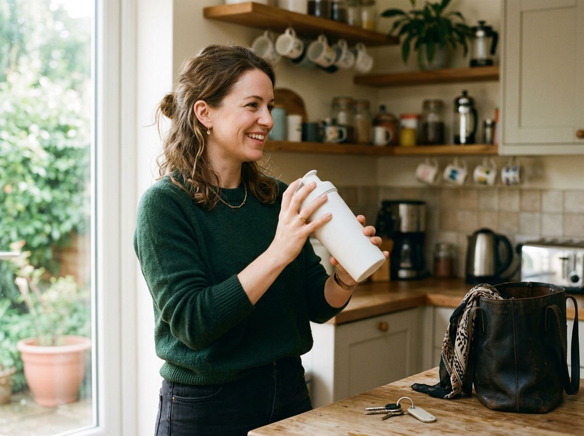 Woman shaking a breakfast shake in a sunny kitchen before work