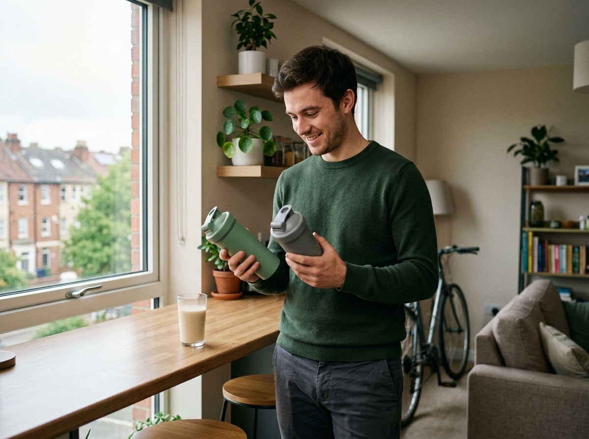 Man in a city flat comparing two shaker bottles