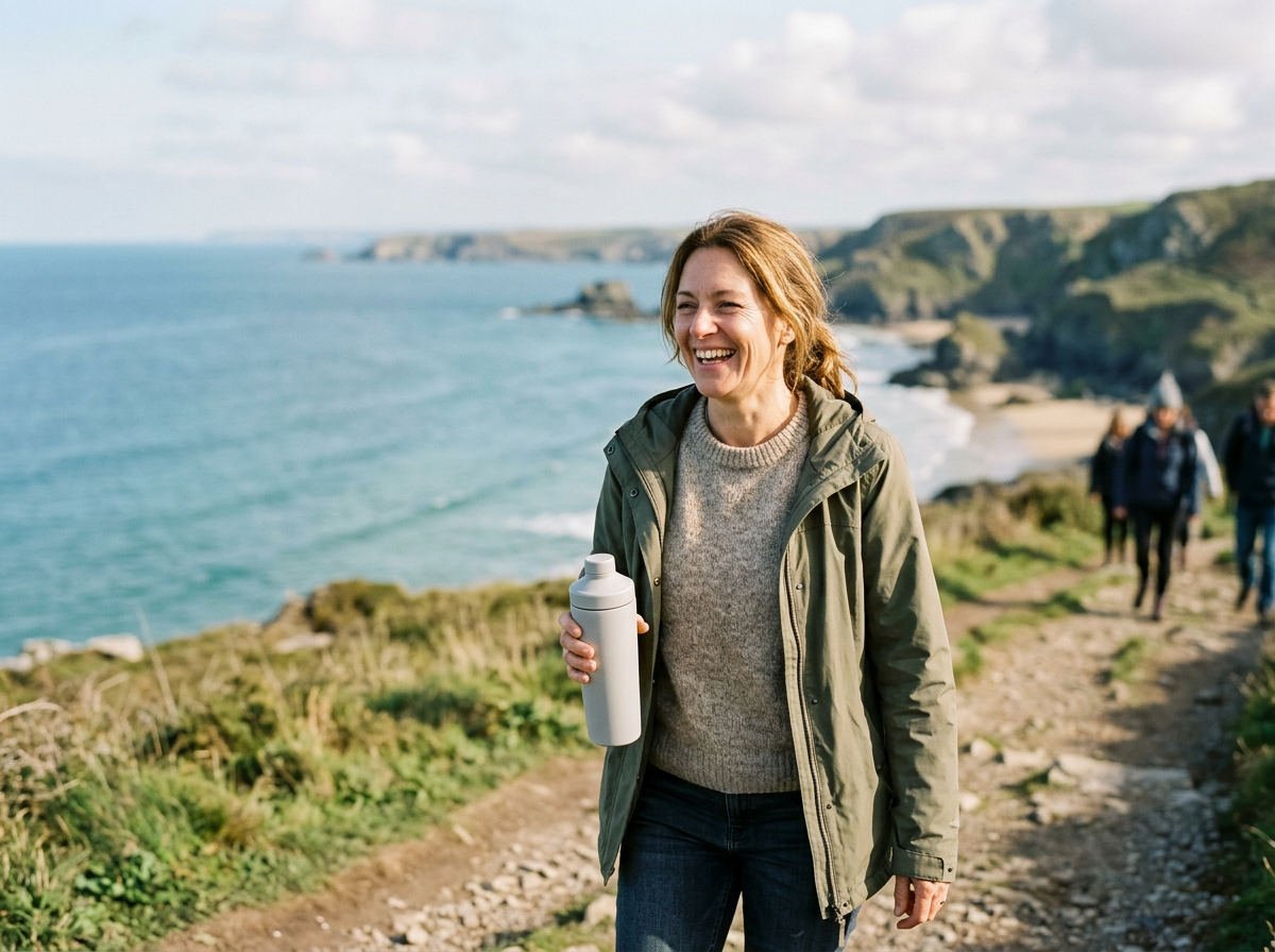 Woman laughing on a coastal walk holding a shaker bottle