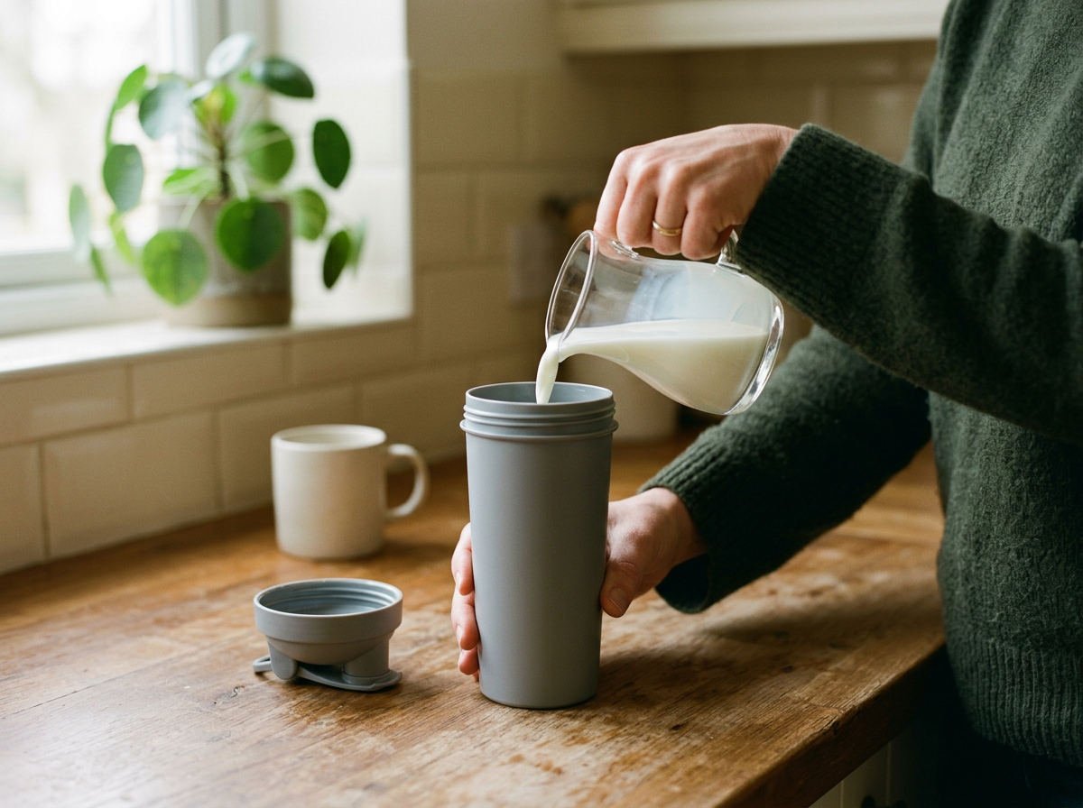 Hands pouring milk from a jug into a shaker bottle