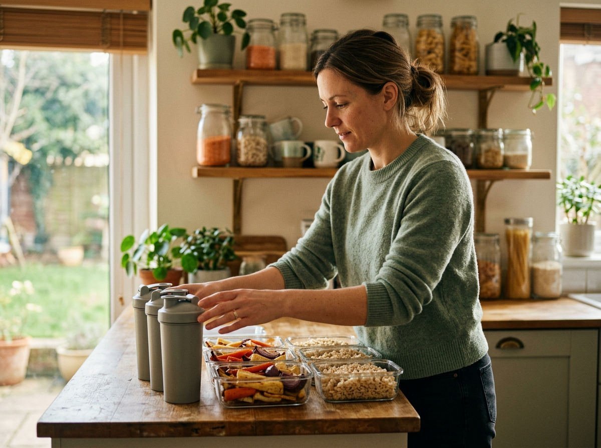 Woman lining up shaker bottles and prepared meals on a kitchen worktop
