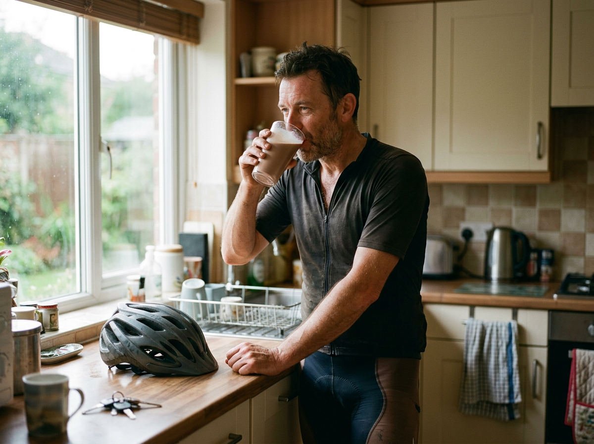 Man in his forties drinking a shake after a bike ride, helmet on the counter