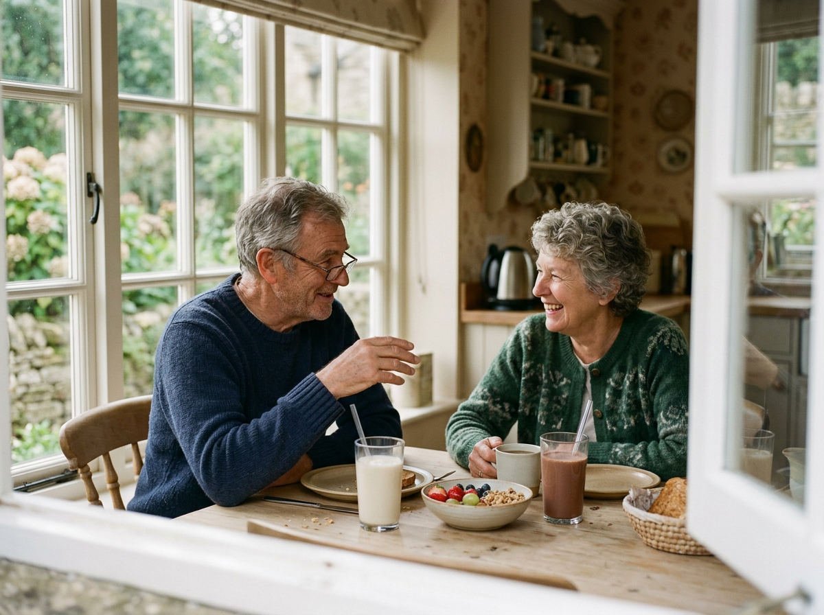 Couple in their sixties sharing a shake breakfast by the window