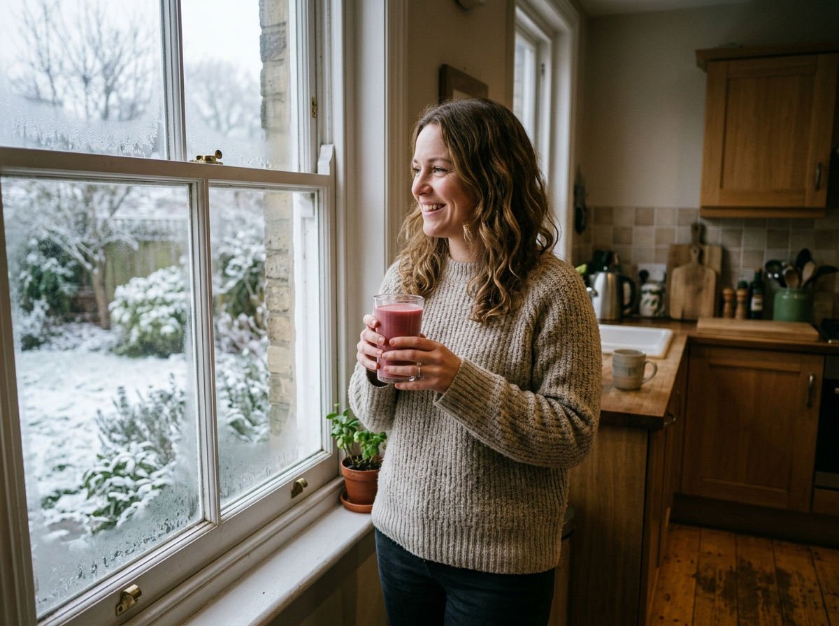 Woman in a jumper with a berry shake on a frosty winter morning