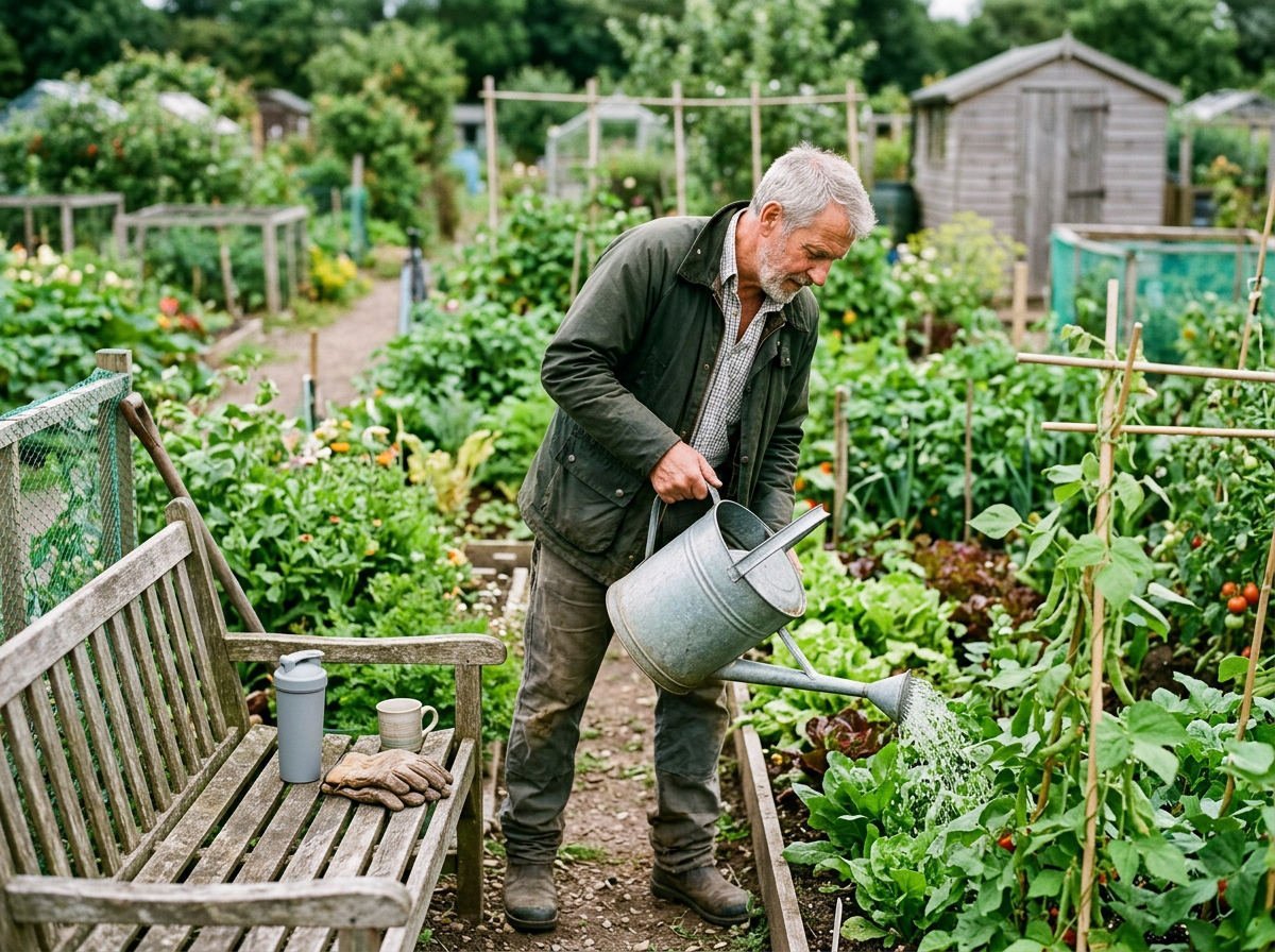Man in his sixties lifting a watering can at his allotment