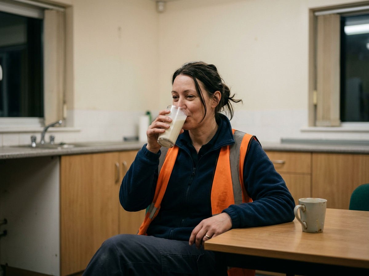 Warehouse worker in a hi-vis vest drinking a shake on a night-shift break