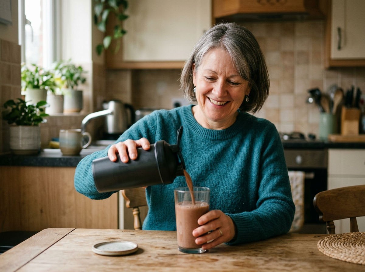 Woman in her fifties pouring a chocolate shake into a glass