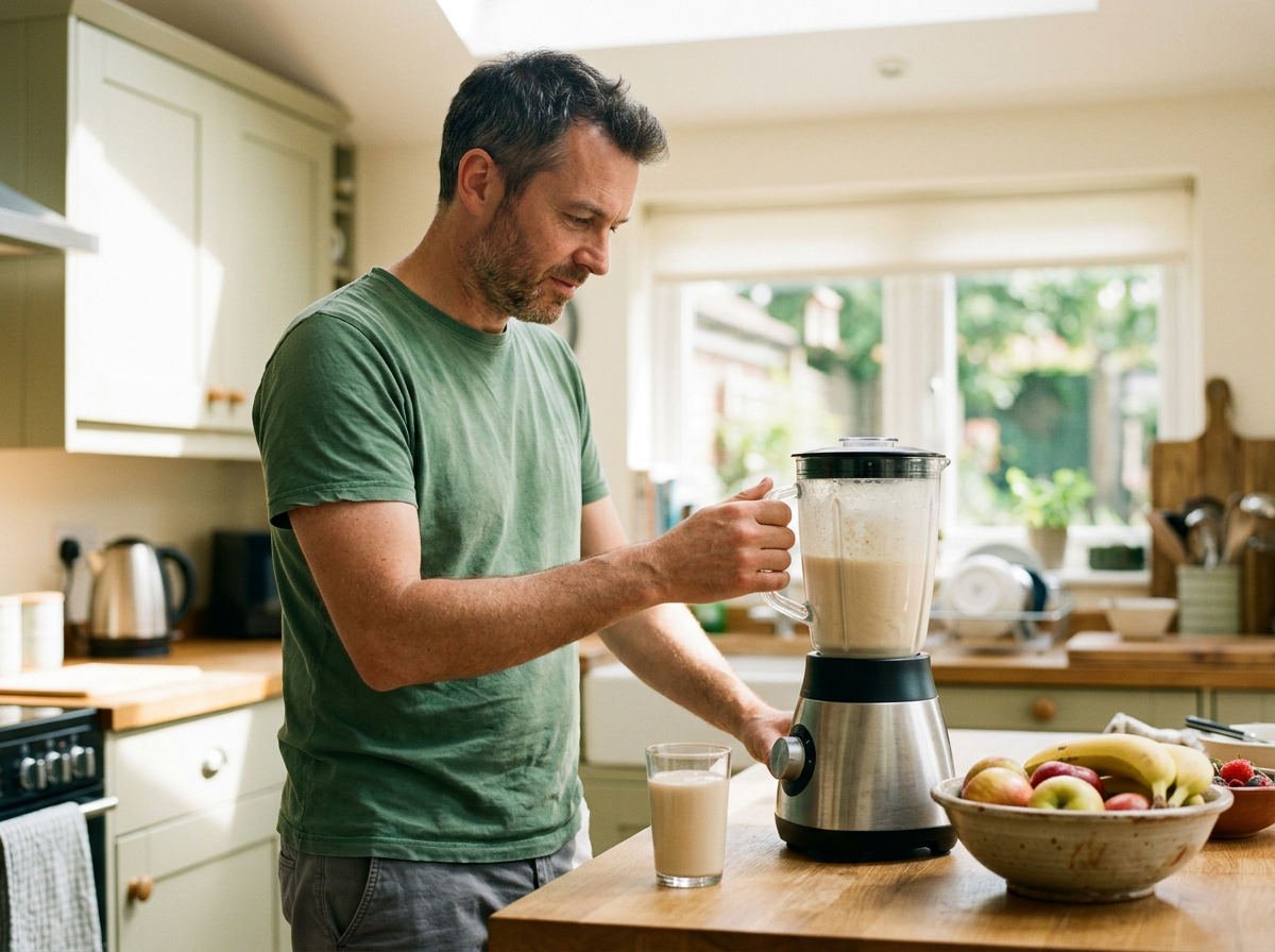 Man blending a shake in a bright kitchen at midday