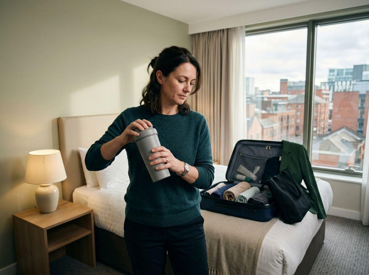 Woman shaking a shake in a hotel room with a suitcase on the bed