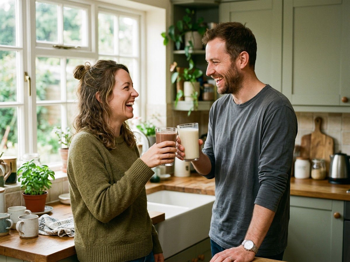 Couple in their thirties clinking glasses of shake in their kitchen