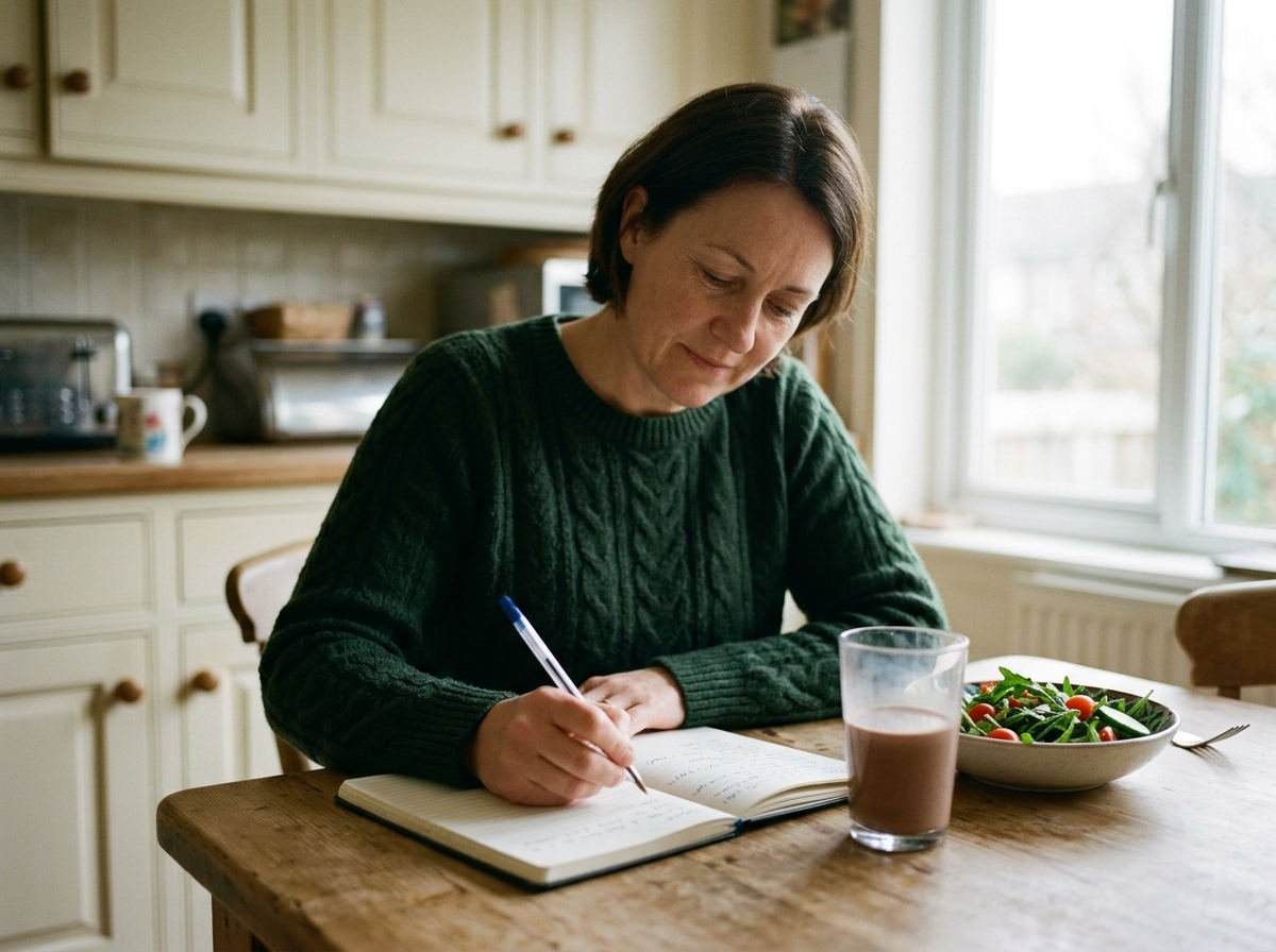 Woman planning her weekly meals in a notebook beside a glass of shake