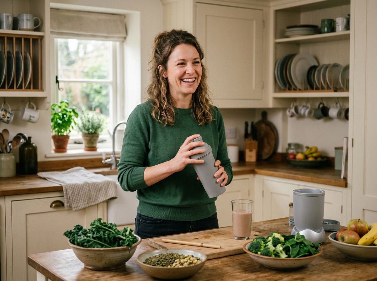 Woman making a shake in a kitchen full of vegetables and lentils
