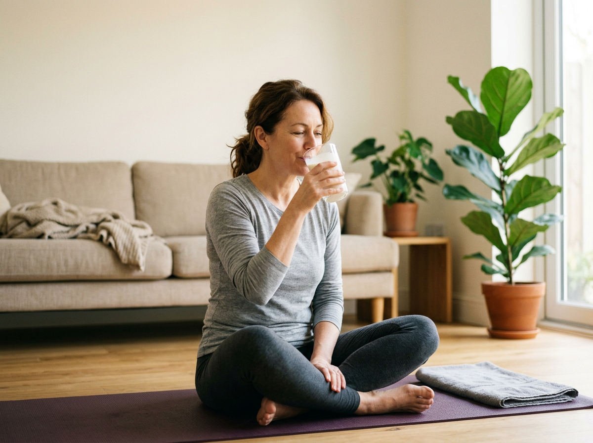 Woman in her forties drinking a shake after yoga at home