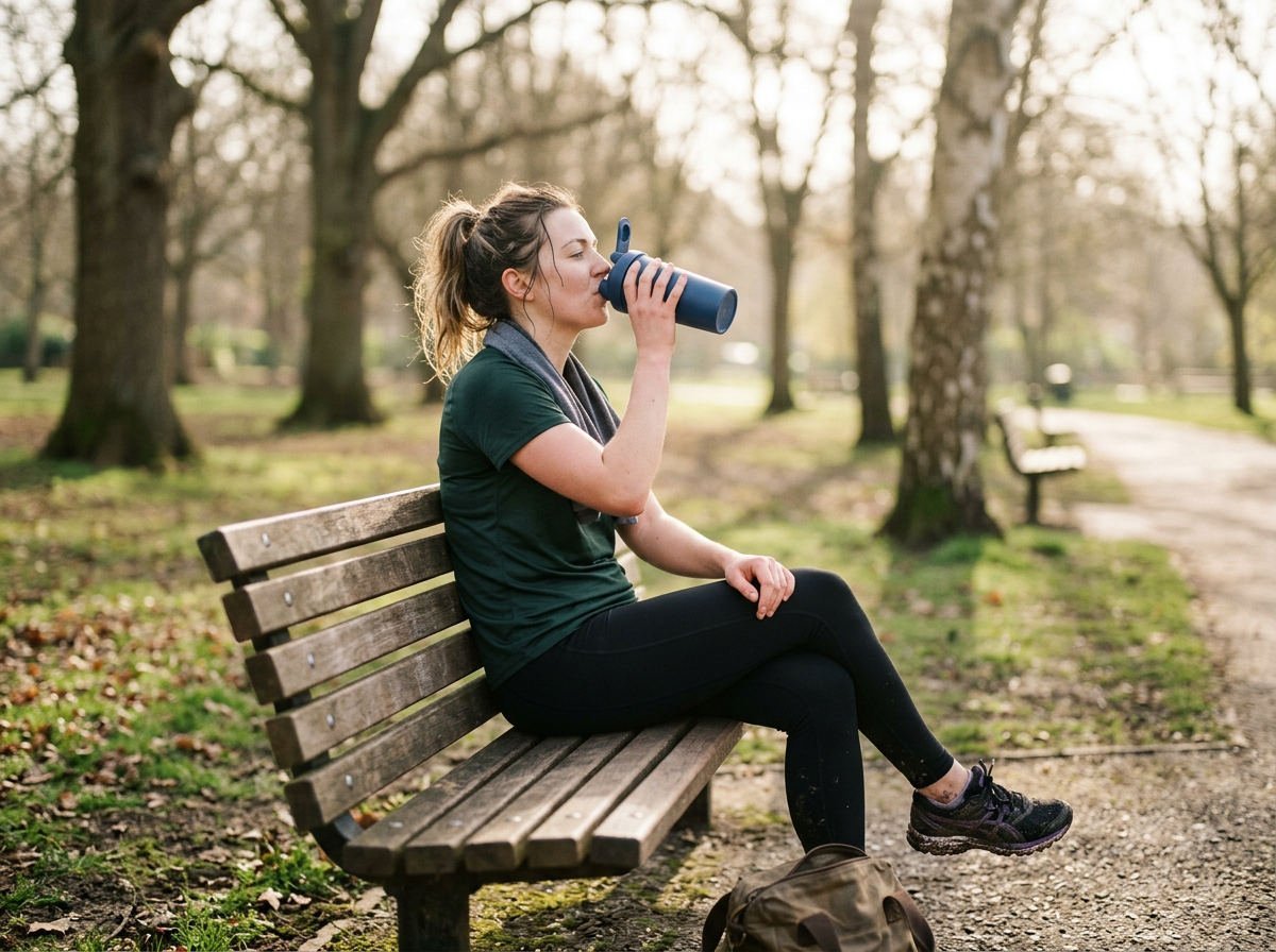Woman in running gear drinking a shake in a park after a run